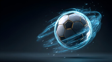 Dynamic soccer ball in motion surrounded by blue energy, capturing the spirit of sport and excitement.