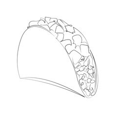 One continuous line drawing on white isolated background. Minimalism linear illustration. taco, tortilla, food, meat, tomatoes, mexican, beef, lunch, dinner, fresh