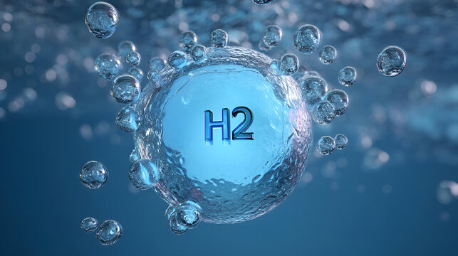A high-resolution image of a hydrogen molecule, H2, surrounded by bubbles in a serene blue water environment.