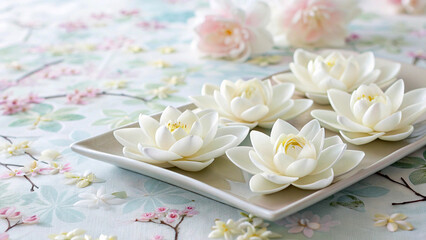White flowers arranged neatly on dish, ethereal pastel floral background.