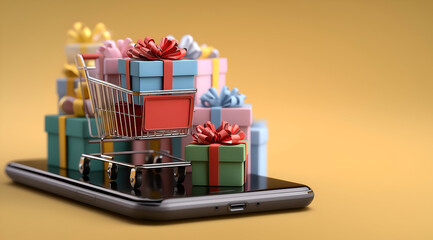 A smartphone displaying a shopping cart filled with colorful gift boxes, symbolizing online shopping and holiday cheer.