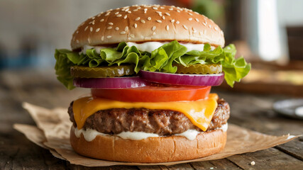 Close-up of a delicious cheeseburger with veggies