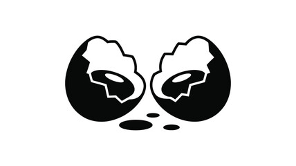 Stylized black and white illustration of a cracked egg with scattered shell fragments on a white background