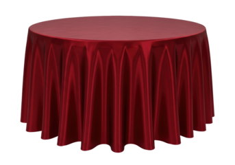 Elegant round table with a red satin tablecloth isolated PNG, luxurious dining furniture for events and special occasions