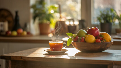 Cozy morning with tea and fresh fruits