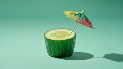 Creative surreal cucumber with mini umbrella concept