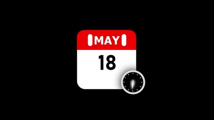 May 18 Calendar Page with Clock Icon on Black Background date