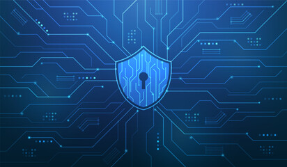 cyber security shield lock protection digital line circuit technology on blue background. vector technology concept.
