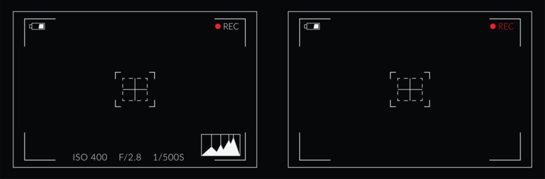 Video camera viewfinder. Camera Overlay or View Finder Interface Overlay. Camera display full hd format. Video filming screen vector template on black background.