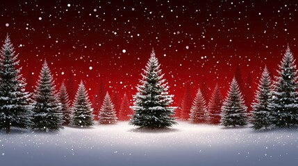 Fototapeta premium Winter Christmas forest with snow covered pine trees and falling snowflakes on a red background