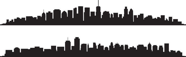 Two black silhouette city skylines with varied building heights against a white background vector