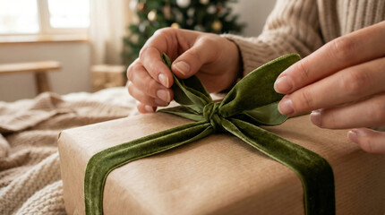 Elegant hands untying a reusable velvet ribbon from an eco friendly gift