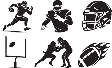 Black silhouette american football players helmet goalpost ball with flames and action poses running