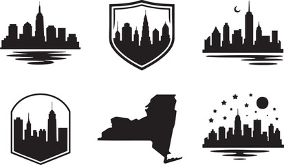 Black silhouette cityscapes and New York state map graphic elements white