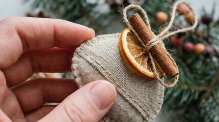 Hand stitching a homemade Christmas ornament with dried orange and linen