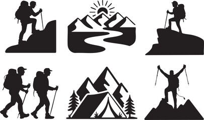 Black silhouette hikers with backpacks and trekking poles on mountains and camping scenes vector