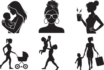 Black silhouette icons of mothers with babies and children in various activities baby family