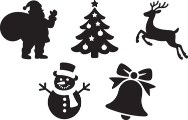 Black silhouette set of Christmas icons Santa Claus reindeer snowman tree bell vector