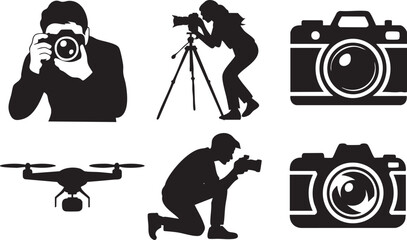 Black silhouettes of photographers with cameras and drone on white background tripod
