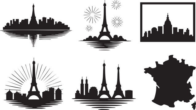 Black silhouettes of Paris skyline Eiffel Tower and France map with reflections vector