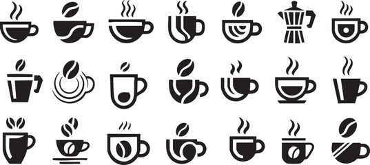Collection of black and white coffee cup and moka pot icons with steam and beans drink