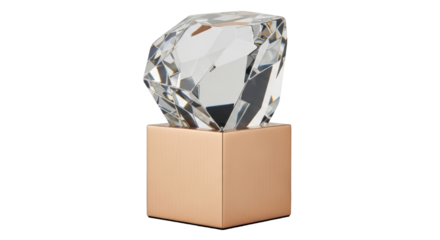 Elegant crystal diamond sculpture isolated PNG on transparent background, decorative object for luxury interior design and gift ideas
