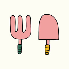 hand drawn cute garden fork and hand shovel illustration