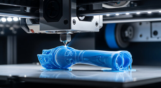 Close up of Advanced FDM 3D Printer Creating a Complex Blue Plastic Prototype Under Bright Lights