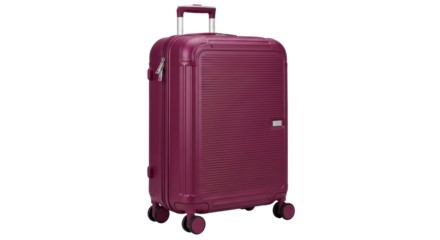 Burgundy hardside spinner suitcase isolated PNG, modern luggage with wheels for travel and business trips on transparent background