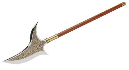Glaive polearm weapon isolated PNG, medieval fantasy halberd with ornate blade and wooden shaft for historical reenactment and game design