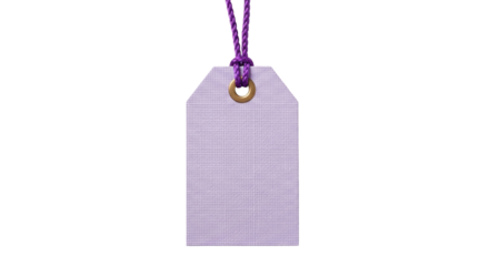 Lavender price tag PNG isolated on transparent background, blank label with purple rope for retail and product branding