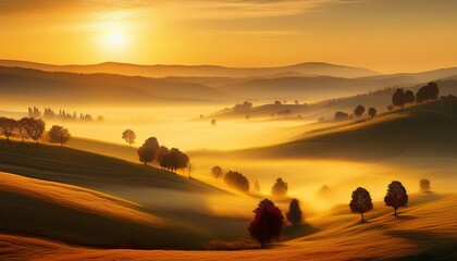golden sunrise over misty rolling hills and scattered trees golden hour misty landscape