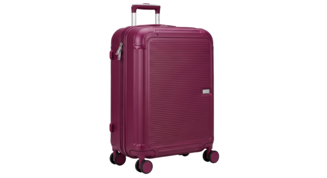 Burgundy hardside spinner suitcase isolated PNG, modern luggage with wheels for travel and business trips on transparent background