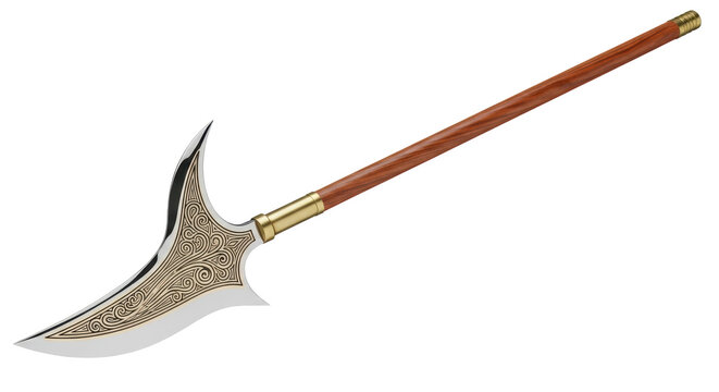 Glaive polearm weapon isolated PNG, medieval fantasy halberd with ornate blade and wooden shaft for historical reenactment and game design