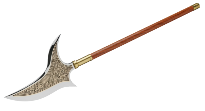 Glaive polearm weapon isolated PNG, medieval fantasy halberd with ornate blade and wooden shaft for historical reenactment and game design