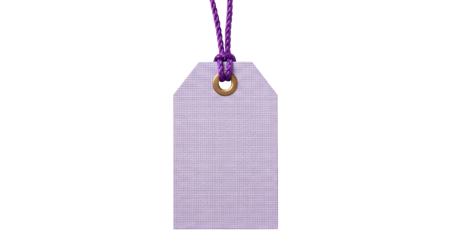 Lavender price tag PNG isolated on transparent background, blank label with purple rope for retail and product branding