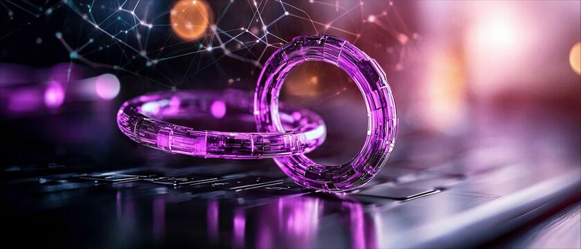 Two glowing purple rings are interlocked, symbolizing blockchain technology, resting on a reflective surface resembling a keyboard. A digital network of nodes a