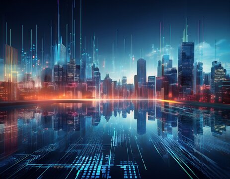 futuristic cityscape with financial data overlay and reflections skyscrapers buildings - Powered by Adobe