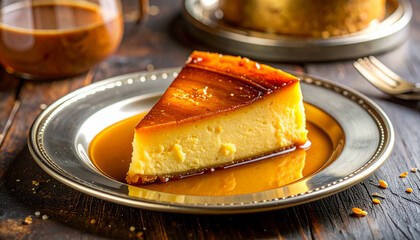 Slice of Creamy Caramel Custard Flan Dessert with Caramel Sauce on a Plate sweet