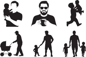 Collection of black silhouettes of fathers with children and baby stroller vector