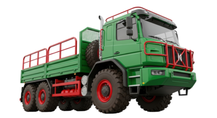 Green and red heavy-duty truck PNG isolated on transparent background, off-road vehicle for construction and transport applications