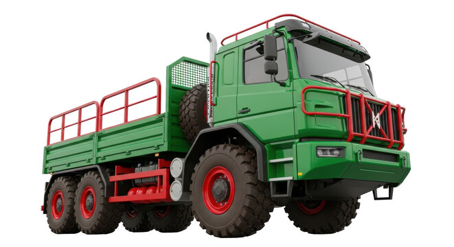 Green and red heavy-duty truck PNG isolated on transparent background, off-road vehicle for construction and transport applications - Powered by Adobe