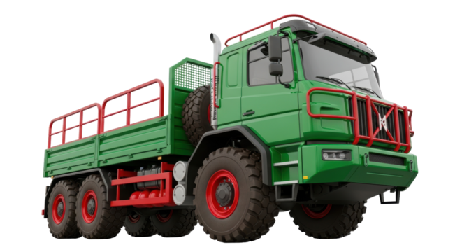 Green and red heavy-duty truck PNG isolated on transparent background, off-road vehicle for construction and transport applications