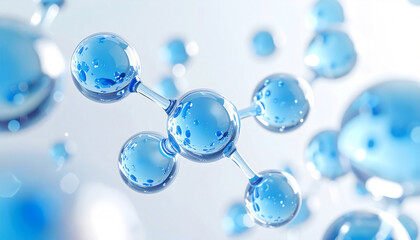 青い美容分子が浮遊する高品質3Dレンダリング。ヒアルロン酸やコラーゲンをイメージした透明感のある構図。
A high-quality 3D rendering of floating blue cosmetic molecules, symbolizing hyaluronic acid and collagen skincare concepts.