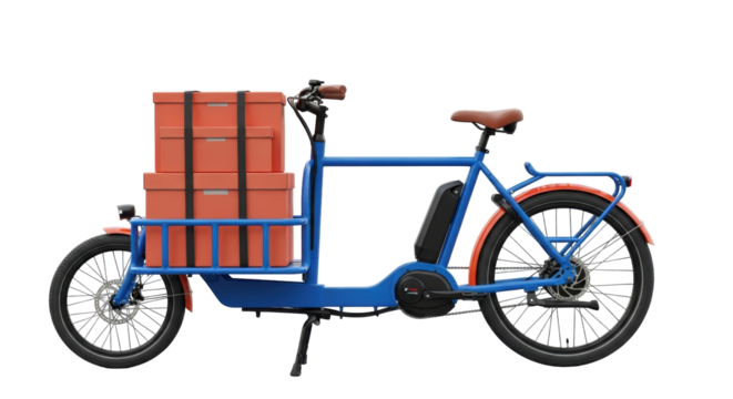 Blue cargo bike with orange boxes isolated PNG, electric bicycle for delivery on transparent background