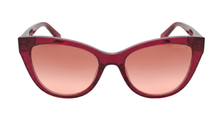 Stylish red cat eye sunglasses isolated PNG on transparent background, fashionable eyewear with gradient lenses for sun protection