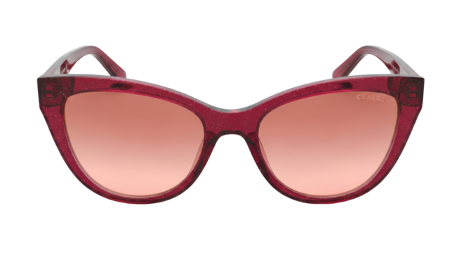 Stylish red cat eye sunglasses isolated PNG on transparent background, fashionable eyewear with gradient lenses for sun protection - Powered by Adobe