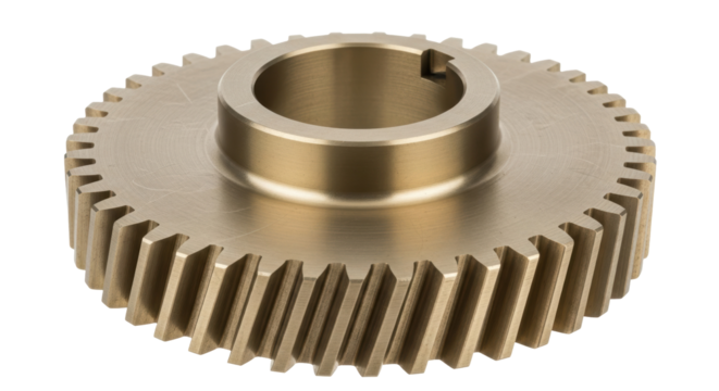 Brass gear wheel isolated PNG, cogwheel component for mechanical engineering and industrial design projects on transparent background