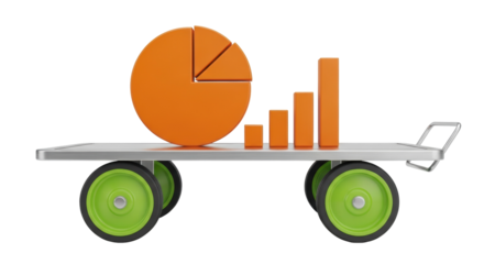 Orange pie chart and bar graph on a hand truck isolated PNG, business data visualization for finance and investment analysis