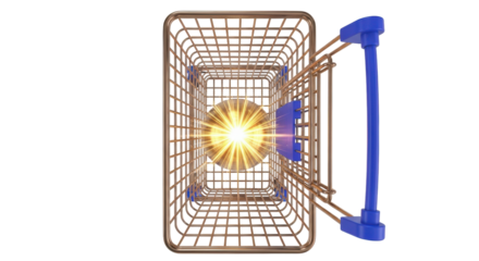 Shiny gold shopping basket isolated on transparent background PNG, metal wire cart with blue handle for retail and e-commerce use